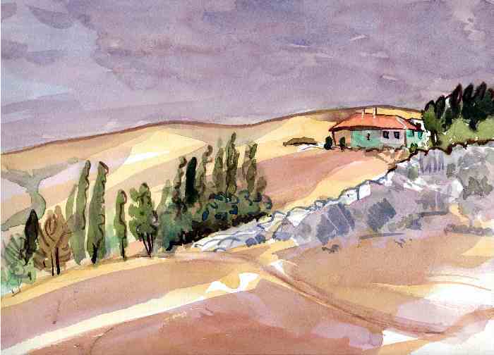 aquarelle de bernard landelle en turquie, colline  Bekis, anatolie