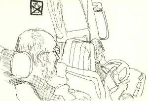 dessin de bernard landelle dans le bus pour Fistera