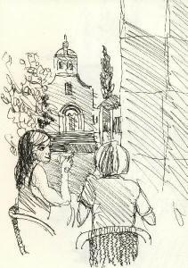 dessin de bernard landelle cristina à Portomarin